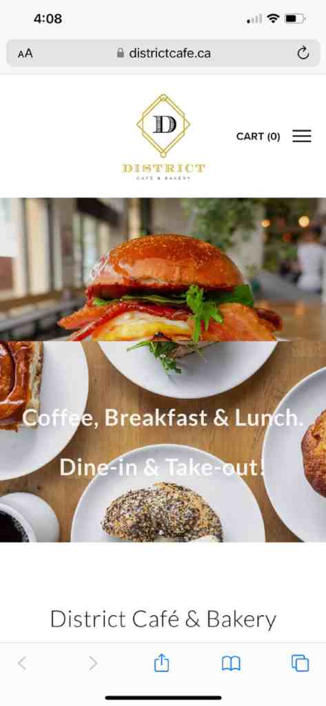district cafe and bakery mobile landing page screenshot