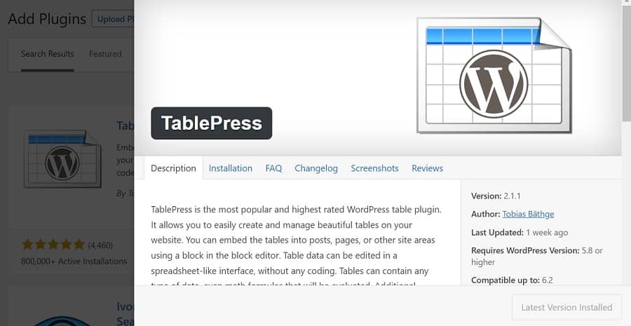 wordpress tablepress install and activate