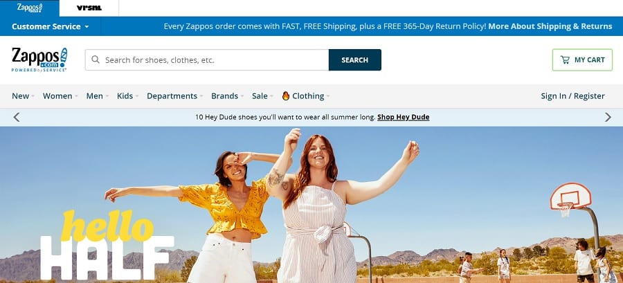 screenshot of zappos website navigation